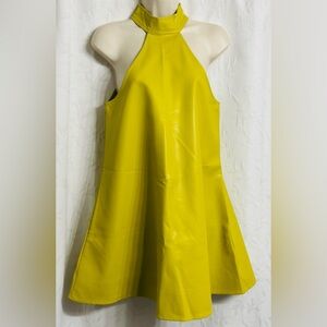 Klesis Vibrant Green Faux Leather Sleeveless Halter A-Line Short Dress Sz Small